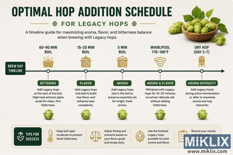 Educational brewing infographic showing a horizontal timeline for optimal Legacy hop additions during the beer brewing process. The diagram illustrates five stages: bittering hops added at 60â90 minutes of boil, flavor hops added at 15â20 minutes of boil, aroma hops added at 5 minutes of boil, whirlpool additions at 170â180°F for aroma and flavor extraction, and dry hopping during days 2â7 of fermentation to maximize aroma intensity. Green and gold design elements, hop cone illustrations, brewing vessel icons, and brewing tips are displayed on a light background. Educational brewing infographic showing a horizontal timeline for optimal Legacy hop additions during the beer brewing process. The diagram illustrates five stages: bittering hops added at 60â90 minutes of boil, flavor hops added at 15â20 minutes of boil, aroma hops added at 5 minutes of boil, whirlpool additions at 170â180°F for aroma and flavor extraction, and dry hopping during days 2â7 of fermentation to maximize aroma intensity. Green and gold design elements, hop cone illustrations, brewing vessel icons, and brewing tips are displayed on a light background.
