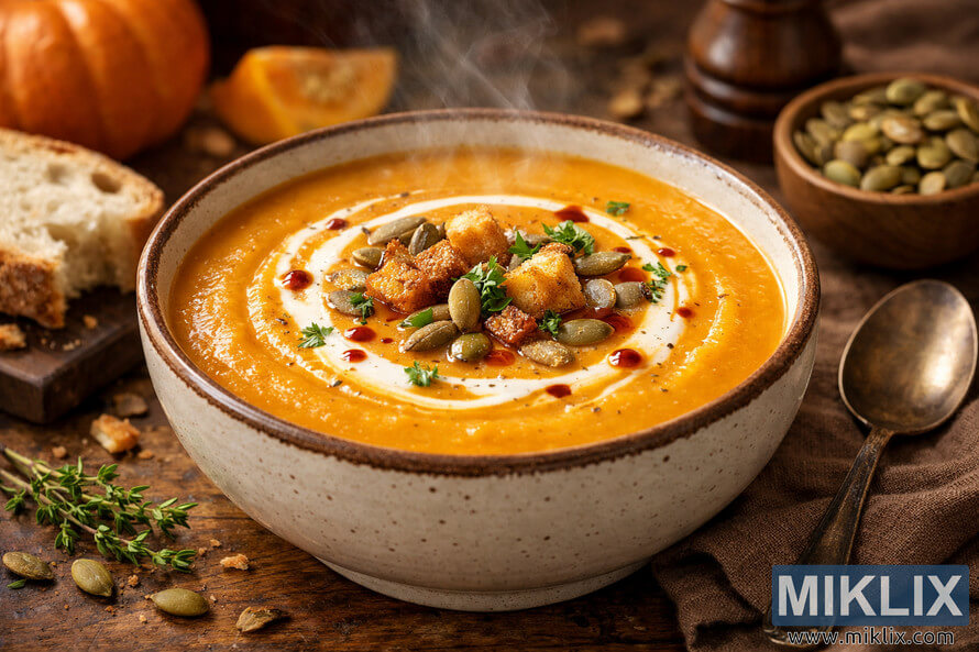A steaming bowl of creamy pumpkin soup garnished with roasted pumpkin seeds, croutons, cream swirl, chili oil, and parsley, served in a rustic ceramic bowl on a wooden table with bread and pumpkins in the background.