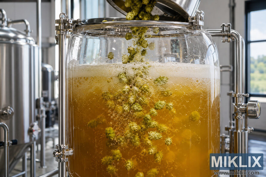 Close-up of a transparent glass beer fermenter filled with bubbling golden amber beer as green hop cones are added for dry hopping, surrounded by polished stainless steel brewery pipes and equipment. Close-up of a transparent glass beer fermenter filled with bubbling golden amber beer as green hop cones are added for dry hopping, surrounded by polished stainless steel brewery pipes and equipment.