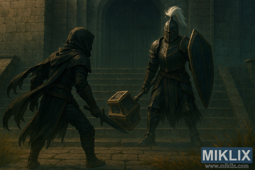 Semi-realistic image of the Tarnished in Black Knife armor confronting Black Knight Garrew in Fog Rift Fort