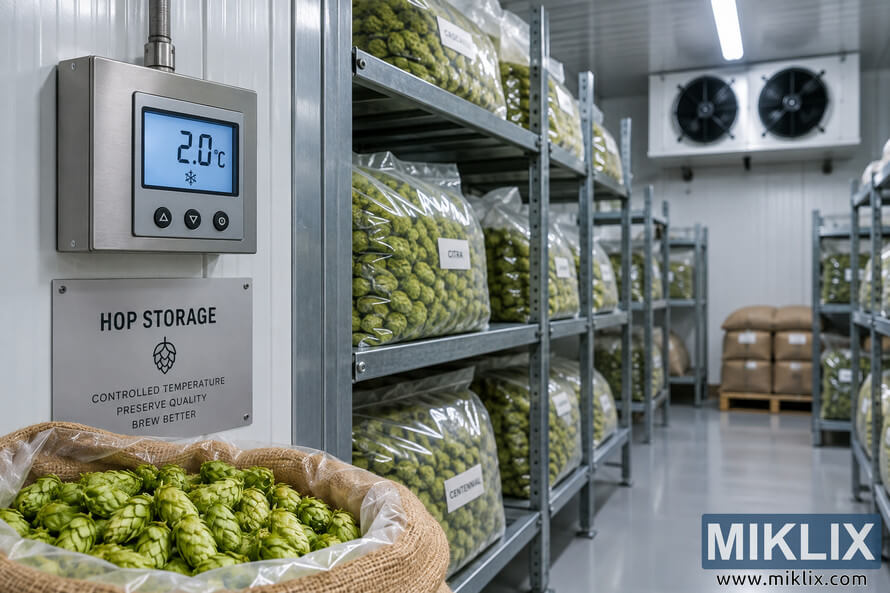 Temperature-controlled refrigerated hop storage room with a digital thermometer reading 2.0Â°C, green hop cones in an open sack, sealed hop packages on metal shelving, and cooling equipment in the background.