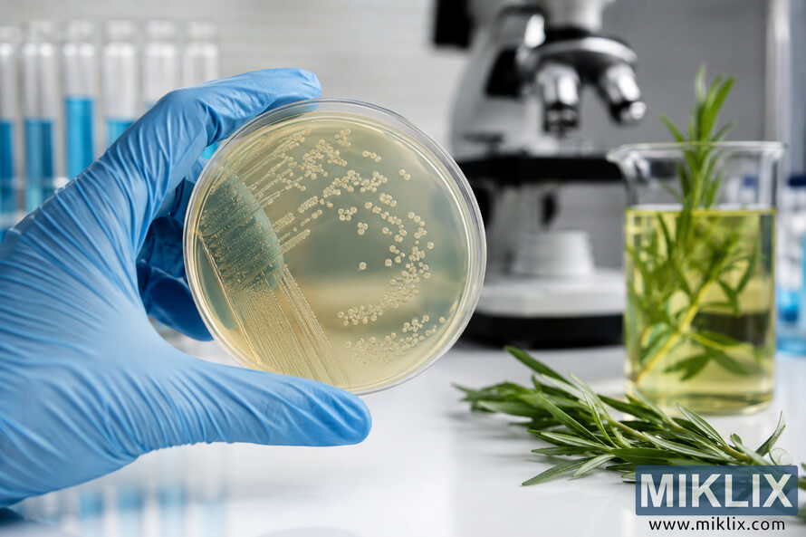 Scientist wearing blue laboratory gloves holding a petri dish with bacterial cultures in a modern laboratory beside fresh tarragon herbs, glass containers, and a microscope during antibacterial research. Scientist wearing blue laboratory gloves holding a petri dish with bacterial cultures in a modern laboratory beside fresh tarragon herbs, glass containers, and a microscope during antibacterial research.