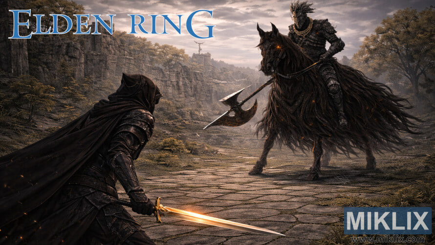 Fan art scene of a Black Knife armored player with a glowing sword facing the Night’s Cavalry on a dark horse in the ruins of Limgrave at twilight. Fan art scene of a Black Knife armored player with a glowing sword facing the Night’s Cavalry on a dark horse in the ruins of Limgrave at twilight.