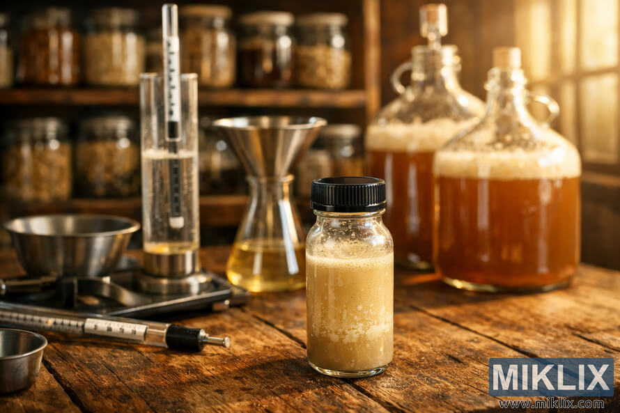 A warm, detailed photograph of a brewing laboratory showing a glass vial of Belgian ale yeast on a wooden table, surrounded by brewing tools and softly lit shelves of jars in the background. A warm, detailed photograph of a brewing laboratory showing a glass vial of Belgian ale yeast on a wooden table, surrounded by brewing tools and softly lit shelves of jars in the background.
