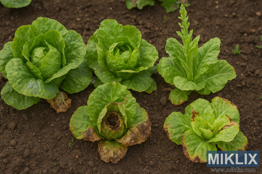 Close-up of four lettuce plants showing downy mildew, bottom rot, bolting, and tip burn