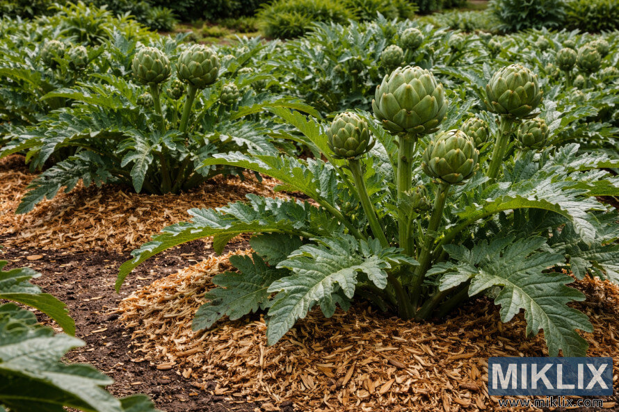 Healthy artichoke plants growing in a garden bed, each surrounded by a thick layer of mulch at the base.