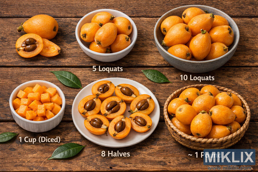 Bird’s-eye view of a rustic wooden table displaying multiple loquat portion sizes. At the top left, a whole loquat and a halved loquat show the glossy brown seeds and golden-orange flesh. In the top middle, a small white bowl holds five whole loquats labeled "5 Loquats." In the top right, a larger gray bowl contains ten loquats labeled "10 Loquats." At the bottom left, a white dish is filled with bright orange diced loquats labeled "1 Cup (Diced)." In the bottom center, a white plate presents eight halved loquats labeled "8 Halves." At the bottom right, a woven basket is filled with approximately one pound of loquats labeled "~ 1 Pound." Green loquat leaves are scattered around the arrangement, and the warm wooden surface provides a natural backdrop.