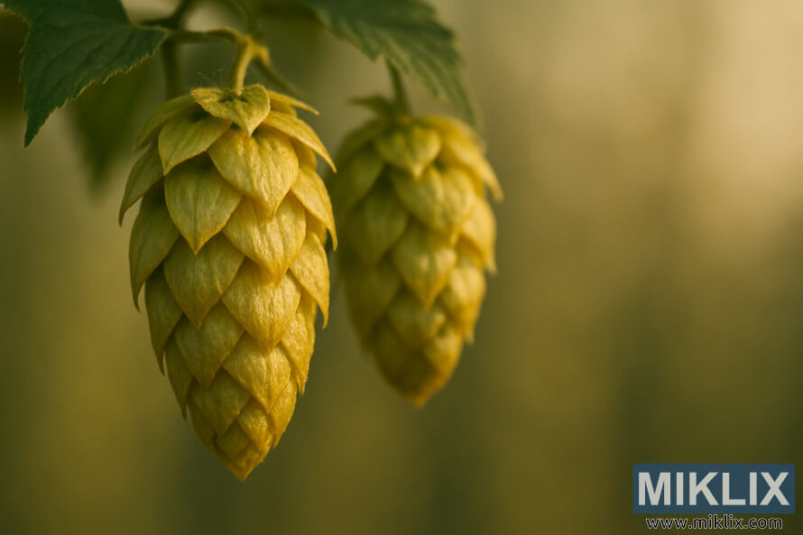 Primo piano dei coni di luppolo Brewer's Gold, di colore giallo dorato e con ghiandole di luppolina.