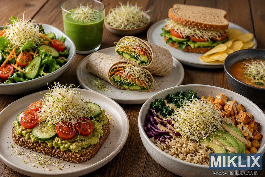 A healthy assortment of colorful meals topped with alfalfa sprouts, including avocado toast, wraps, salads, grain bowls, sandwiches, and green smoothies arranged on a rustic wooden table in natural light.