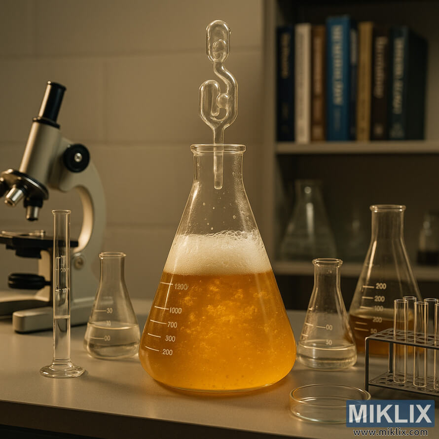 ÅÃ¼ÅÉ qablar vÉ aktiv pivÉ fermentasiyasÄ±nÄ± gÃ¶stÉrÉn kÃ¶pÃ¼rmÉ qabÄ± olan laboratoriya.