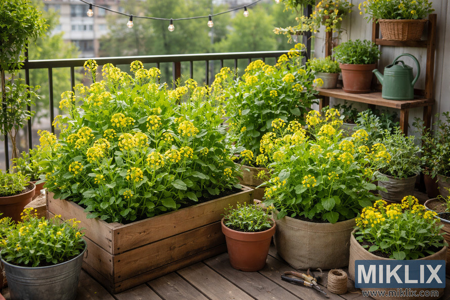 A variety of containers filled with lush green mustard plants thriving on a sunny apartment balcony with an urban cityscape in the background.
