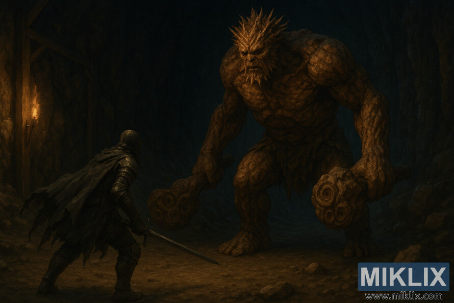 Mroczna, fantasyczna grafika przedstawiajÄ
ca Zniszczonego z prostym mieczem walczÄ
cego z potÄżnym Trollem Kamiennym w mrocznej podziemnej jaskini. Mroczna, fantasyczna grafika przedstawiajÄ
ca Zniszczonego z prostym mieczem walczÄ
cego z potÄżnym Trollem Kamiennym w mrocznej podziemnej jaskini.