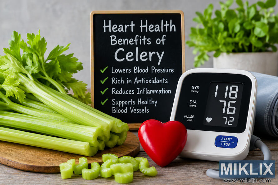 Fresh green celery stalks displayed on a wooden table beside a digital blood pressure monitor, a red heart symbol, and a chalkboard listing heart health benefits of celery in a bright wellness-themed setting.