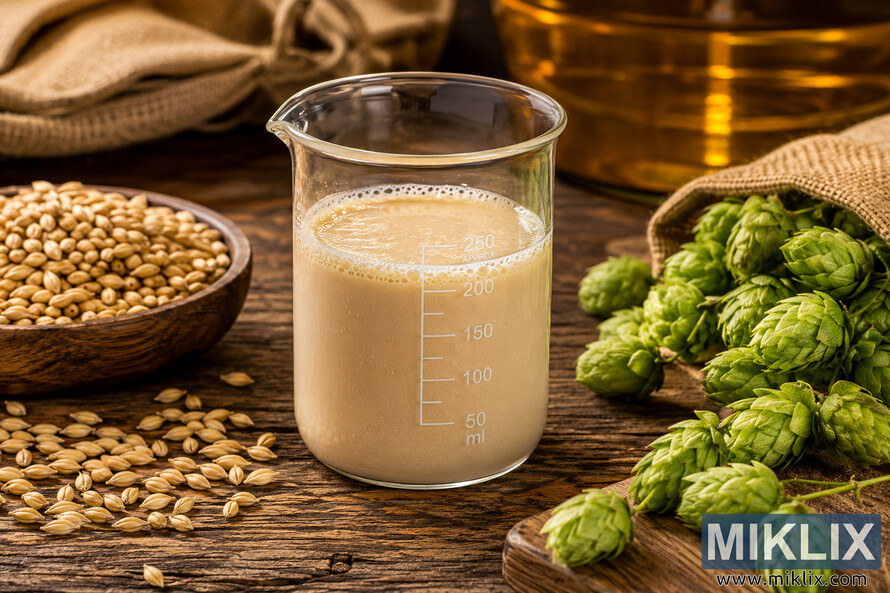 A clear glass laboratory beaker filled with creamy liquid brewer's yeast sits on a weathered rustic wooden table surrounded by pale malt grains, scattered barley, and fresh green hop cones in warm, natural brewing-inspired lighting.