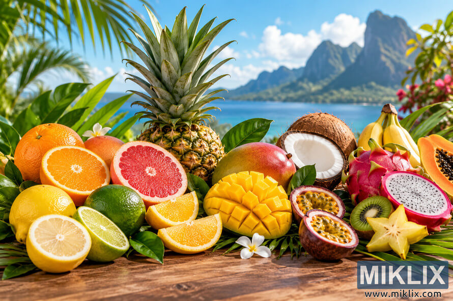 Vibrant landscape still life of oranges, grapefruit, lemon, lime, pineapple, mango, passion fruit, coconut, dragon fruit, kiwi, starfruit, papaya and bananas on a wooden table overlooking a turquoise tropical sea and green mountains.