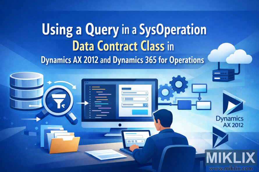 Illustration som visar en utvecklararbetsyta med databas, frågefilterikon, kodskärm och Dynamics AX 2012- och Dynamics 365-symboler för en blogg om SysOperation-datakontraktsfrågor.
