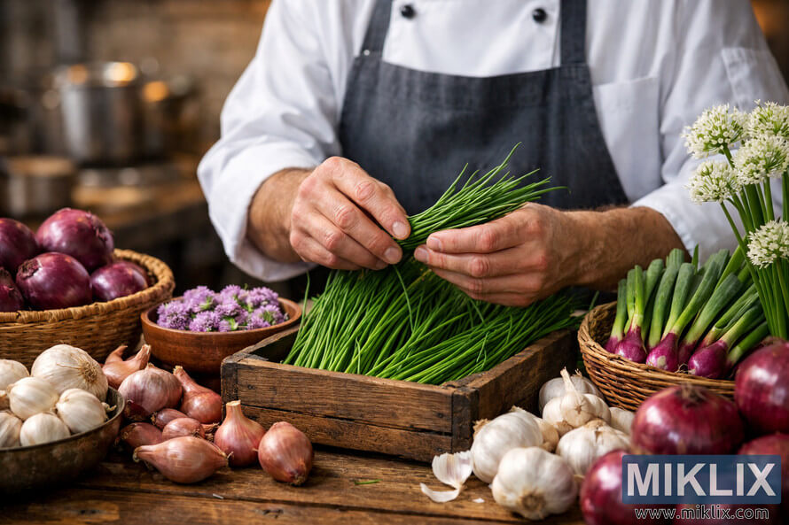 A chef in a white jacket and gray apron carefully selects fresh chives from a rustic wooden crate surrounded by various alliums including red onions, shallots, garlic, and green onions on a wooden table in a warmly lit kitchen. A chef in a white jacket and gray apron carefully selects fresh chives from a rustic wooden crate surrounded by various alliums including red onions, shallots, garlic, and green onions on a wooden table in a warmly lit kitchen.