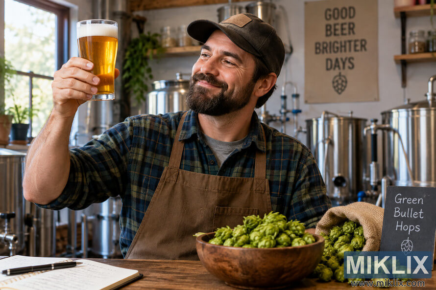 Homebrewer holding up a golden-amber pint of beer beside fresh Green Bullet hops in a cozy home brewery. Homebrewer holding up a golden-amber pint of beer beside fresh Green Bullet hops in a cozy home brewery.