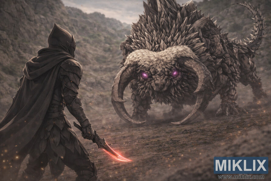 Over-the-shoulder anime-style scene of a Tarnished in Black Knife armor on the left, facing a colossal Fallingstar Beast looming ahead in a rocky Hinterland. Over-the-shoulder anime-style scene of a Tarnished in Black Knife armor on the left, facing a colossal Fallingstar Beast looming ahead in a rocky Hinterland.