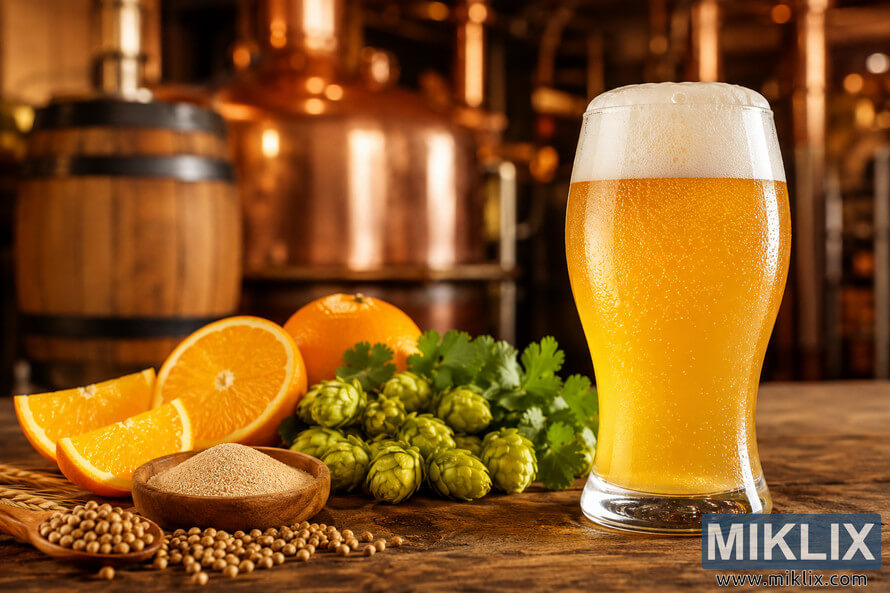 Golden Belgian wit beer with frothy head beside oranges, coriander, hops, and yeast on a rustic brewery table.