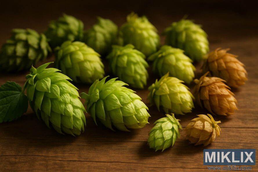 LÃ¤hivÃµte Willamette humalast Cascade'i, Centenniali ja Chinooki sortidega puitpinnal soojas loomulikus valguses.