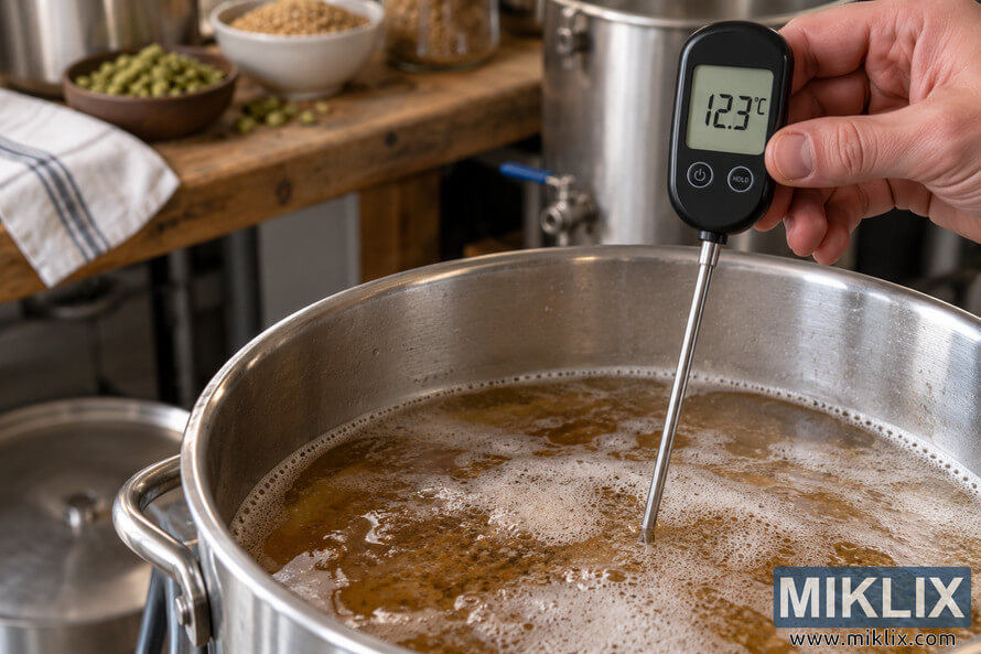 Digital brewing thermometer displaying an incorrect 12.3°C reading while its metal probe is immersed in a large stainless-steel kettle of amber, foamy brewing liquid. Digital brewing thermometer displaying an incorrect 12.3°C reading while its metal probe is immersed in a large stainless-steel kettle of amber, foamy brewing liquid.