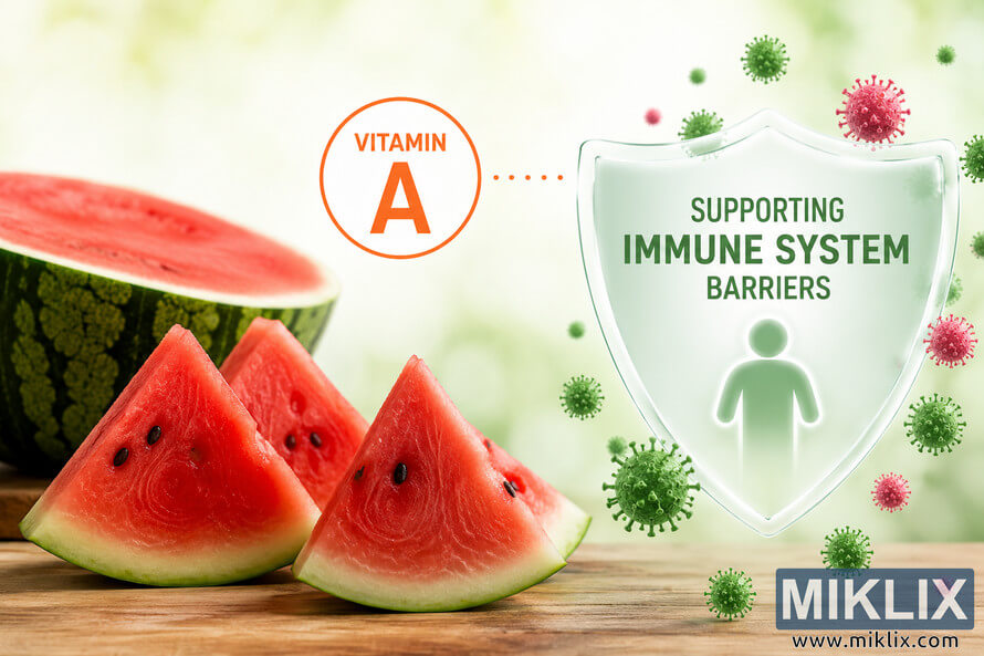 A landscape infographic-style illustration showing fresh watermelon slices on a wooden surface beside a translucent protective shield representing immune system barriers. A circular Vitamin A label visually connects the watermelon with the shield against a soft green and white background with abstract microscopic particles. A landscape infographic-style illustration showing fresh watermelon slices on a wooden surface beside a translucent protective shield representing immune system barriers. A circular Vitamin A label visually connects the watermelon with the shield against a soft green and white background with abstract microscopic particles.