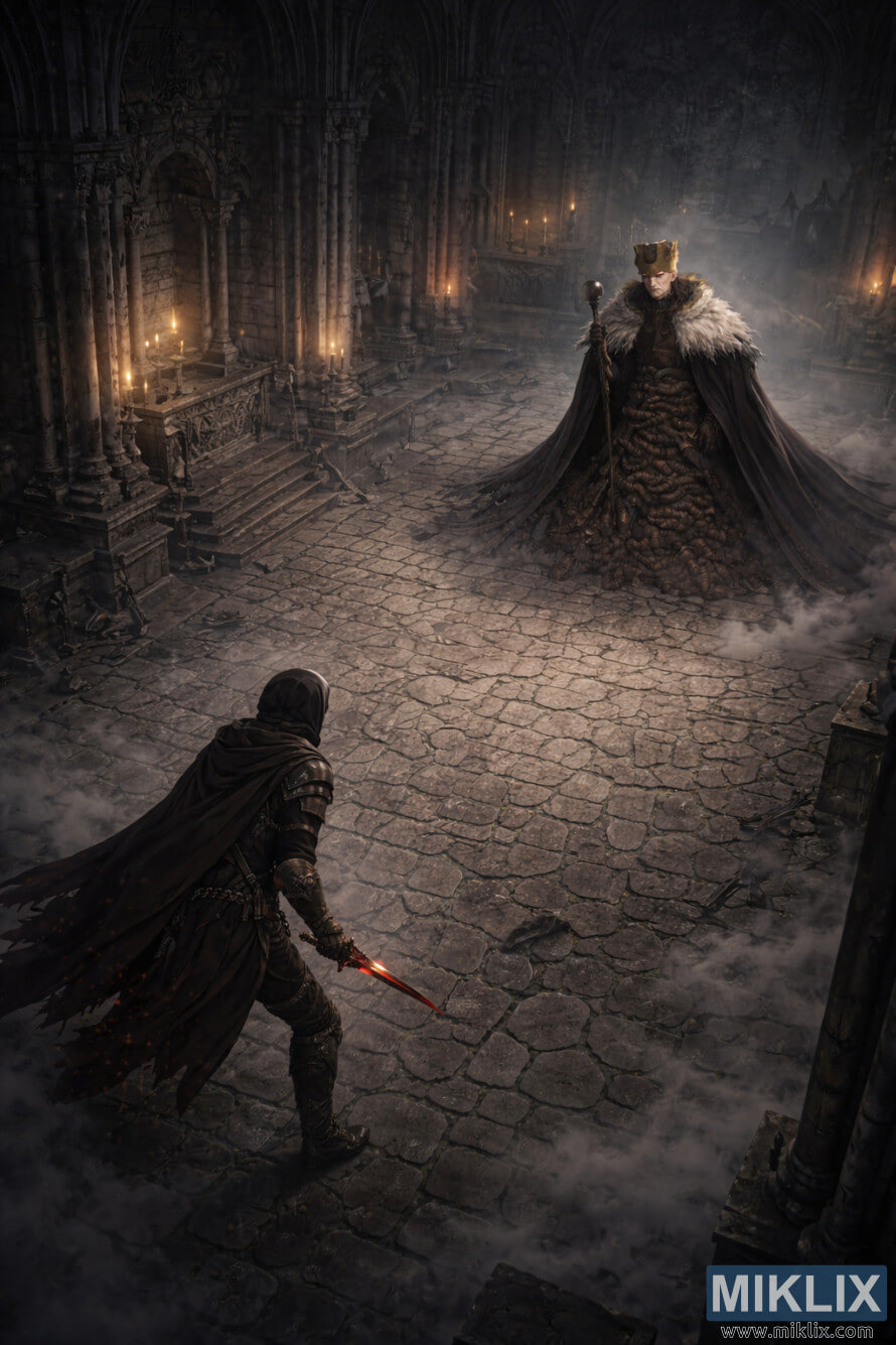 High, isometric view of the Tarnished facing an elderly Count Ymir inside a vast gothic cathedral, moments before battle amid mist and candlelight. High, isometric view of the Tarnished facing an elderly Count Ymir inside a vast gothic cathedral, moments before battle amid mist and candlelight.