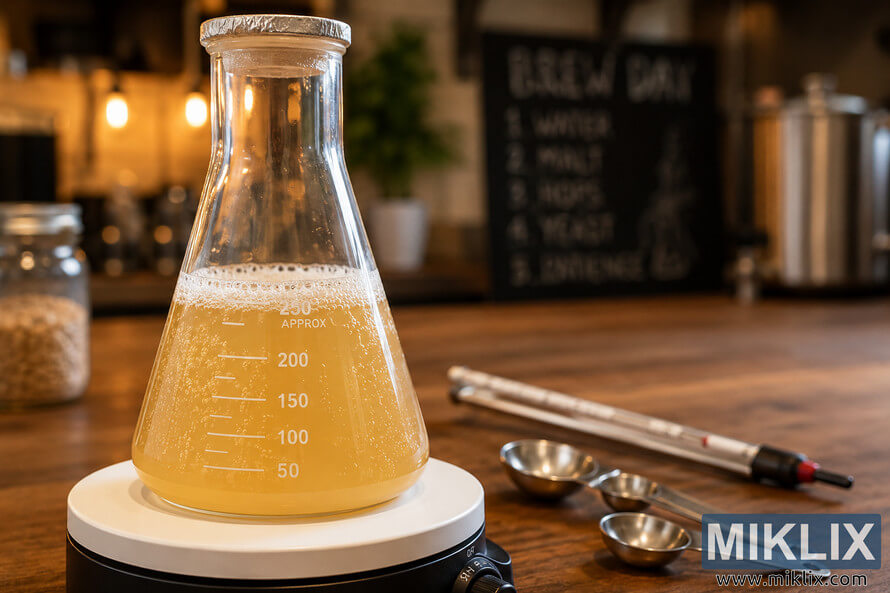 Close-up photo of a brewerâs yeast starter fermenting in a glass flask with pale golden liquid and bubbles, placed on a wooden countertop beside brewing tools in a warmly lit brewing space. Close-up photo of a brewerâs yeast starter fermenting in a glass flask with pale golden liquid and bubbles, placed on a wooden countertop beside brewing tools in a warmly lit brewing space.