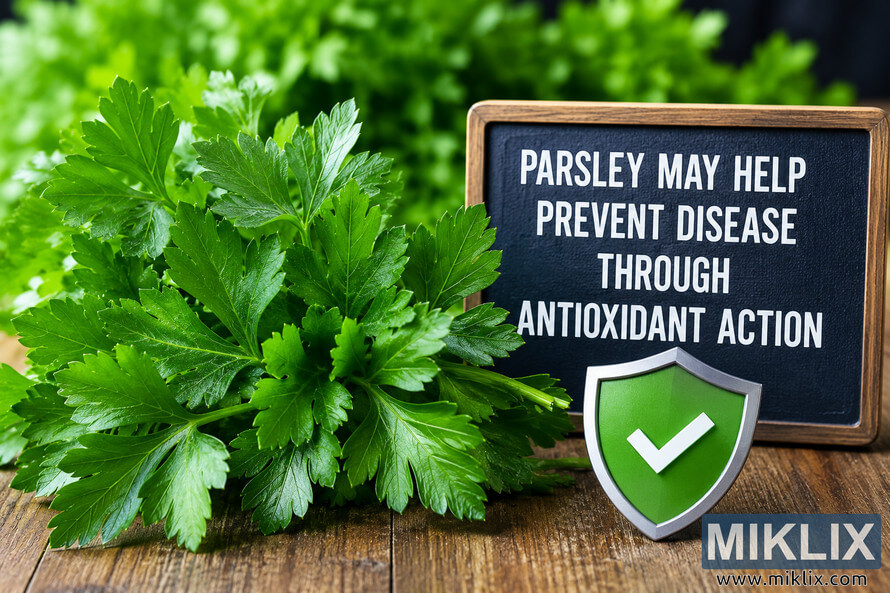 A landscape-oriented still life image featuring a large bowl of fresh green parsley on a wooden table beside a small chalkboard that reads 'Parsley May Help Prevent Disease Through Antioxidant Action.' A green protective shield icon with a human silhouette and surrounding germ symbols reinforces the health and wellness theme. A landscape-oriented still life image featuring a large bowl of fresh green parsley on a wooden table beside a small chalkboard that reads 'Parsley May Help Prevent Disease Through Antioxidant Action.' A green protective shield icon with a human silhouette and surrounding germ symbols reinforces the health and wellness theme.