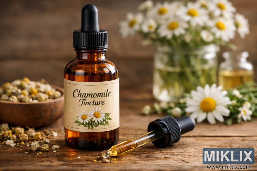 Amber glass bottle of chamomile tincture with a dropper lying beside it on a rustic wooden surface, surrounded by dried and fresh chamomile flowers.