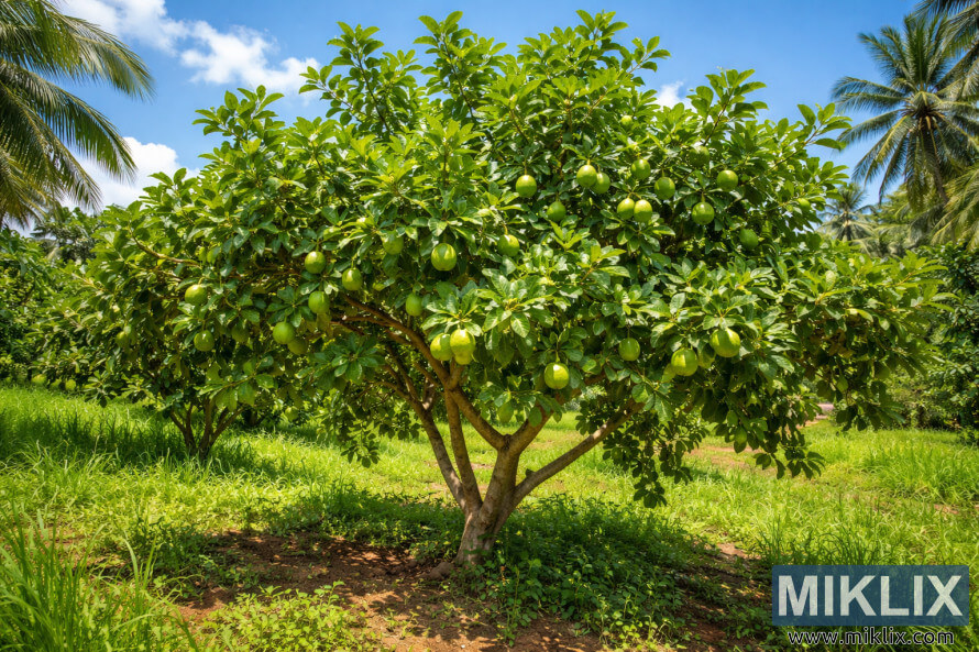 ZdravÃ½ guava strom s hustÃ½m zelenÃ½m olistÄnÃ­m a dozrÃ¡vajÃ­cÃ­mi plody rostoucÃ­mi pod plnÃ½m sluncem v tropickÃ©m sadu.