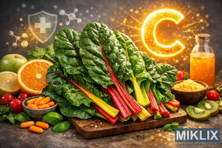 A vibrant landscape photograph featuring fresh Swiss chard leaves surrounded by citrus fruits, vitamin C capsules, and a glowing C symbol representing immune support. A vibrant landscape photograph featuring fresh Swiss chard leaves surrounded by citrus fruits, vitamin C capsules, and a glowing C symbol representing immune support.
