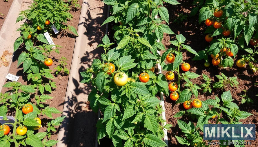 RangÃ©es de plants de tomates avec des fruits verts, jaunes et oranges dans un jardin bien entretenu.