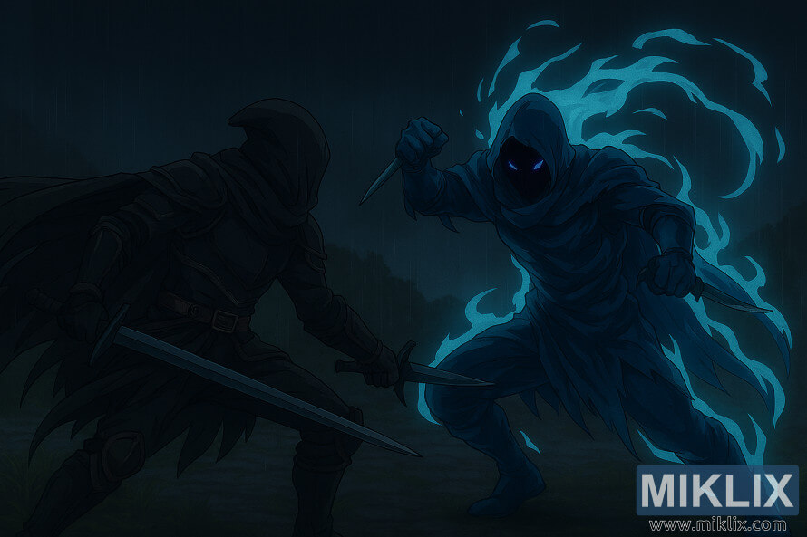 Anime-styl aanhangerkuns van die Tarnished wat 'n swaard swaai wat Alecto met twee dolke in 'n reënerige Evergaol-omgewing beveg. Anime-styl aanhangerkuns van die Tarnished wat 'n swaard swaai wat Alecto met twee dolke in 'n reënerige Evergaol-omgewing beveg.