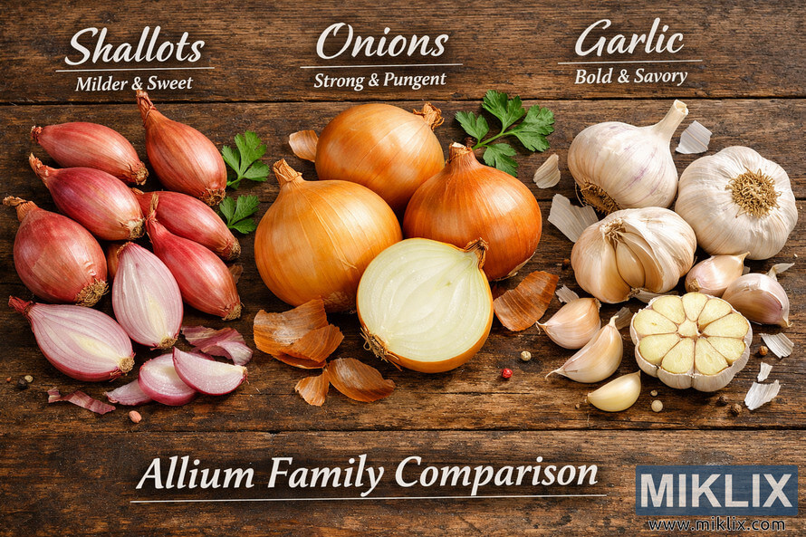 High-resolution landscape photo comparing shallots, onions, and garlic from the allium family on a rustic wooden surface with labeled sections for each type.