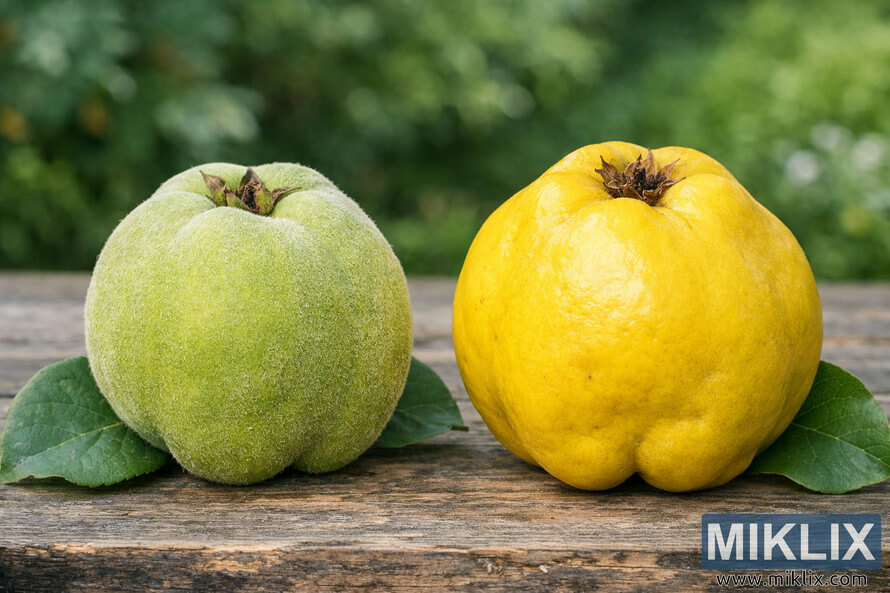 Landscape photo comparing green unripe quinces and golden ripe quinces, some sliced to show interior and seeds, arranged on a rustic wooden table.