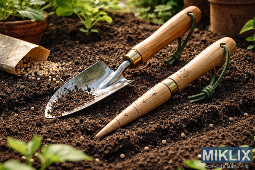 Hand trowel and wooden dibber resting on freshly prepared garden soil with scattered seeds and young seedlings in natural daylight.