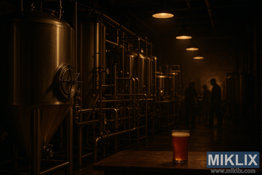 Dimly lit brewery interior with towering stainless steel fermentation tanks, pipes, valves, and a glowing pint of amber beer on a wooden surface in the foreground. Dimly lit brewery interior with towering stainless steel fermentation tanks, pipes, valves, and a glowing pint of amber beer on a wooden surface in the foreground.