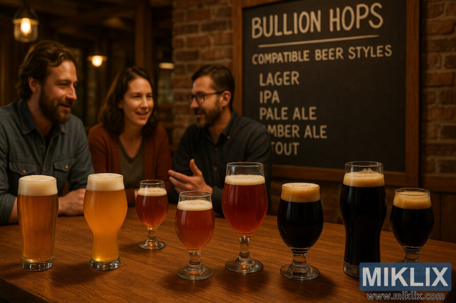 Olutharrastajat keskustelevat pienpanimo-oluista lämpimässä, maalaismaisessa pubipöydässä, jonka reunustavat lagerit, alet ja stoutit. Pöydässä korostuvat Bullion-humala ja taululla luetellaan yhteensopivia oluttyylejä. Olutharrastajat keskustelevat pienpanimo-oluista lämpimässä, maalaismaisessa pubipöydässä, jonka reunustavat lagerit, alet ja stoutit. Pöydässä korostuvat Bullion-humala ja taululla luetellaan yhteensopivia oluttyylejä.