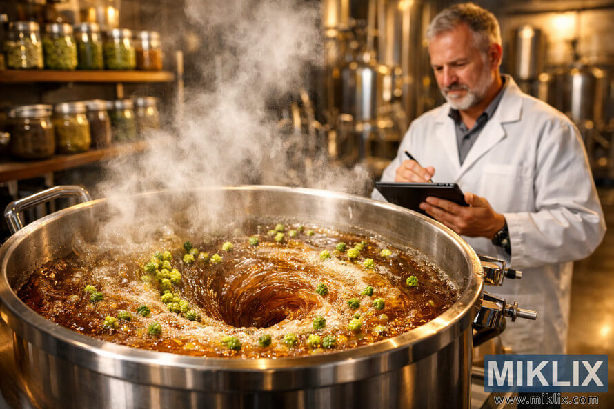 Stainless steel brewing kettle with a dramatic whirlpool of amber wort and green hops, steam rising, while a brewer in a white lab coat takes notes in a bright modern brewery.