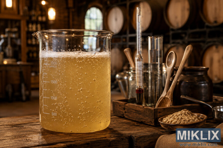 Close-up of a glass beaker filled with bubbling yeast culture on a rustic wooden table inside a warmly lit brewery, surrounded by brewing tools, hydrometers, wooden spoons, and stacked barrels in the background.