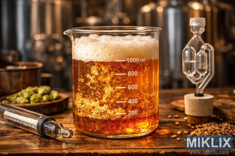 Bližnji posnetek steklenega vrÄa, napolnjenega s fermentirajoÄim zlatim pivom, ki brbota s kvasom, obkroženega z orodjem za varjenje na leseni mizi v topli, mehko osvetljeni pivovarni. Bližnji posnetek steklenega vrÄa, napolnjenega s fermentirajoÄim zlatim pivom, ki brbota s kvasom, obkroženega z orodjem za varjenje na leseni mizi v topli, mehko osvetljeni pivovarni.