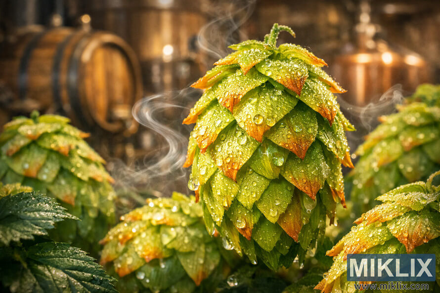 Close-up of Sticklebract hops cones glistening with morning dew, with a blurred rustic brewery background featuring wooden barrels and copper brewing equipment under warm light. Close-up of Sticklebract hops cones glistening with morning dew, with a blurred rustic brewery background featuring wooden barrels and copper brewing equipment under warm light.