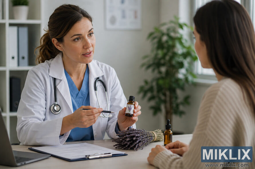 A healthcare professional in a modern medical office consults with a patient about lavender safety and wellness precautions while holding a small lavender oil bottle beside fresh lavender flowers. A healthcare professional in a modern medical office consults with a patient about lavender safety and wellness precautions while holding a small lavender oil bottle beside fresh lavender flowers.