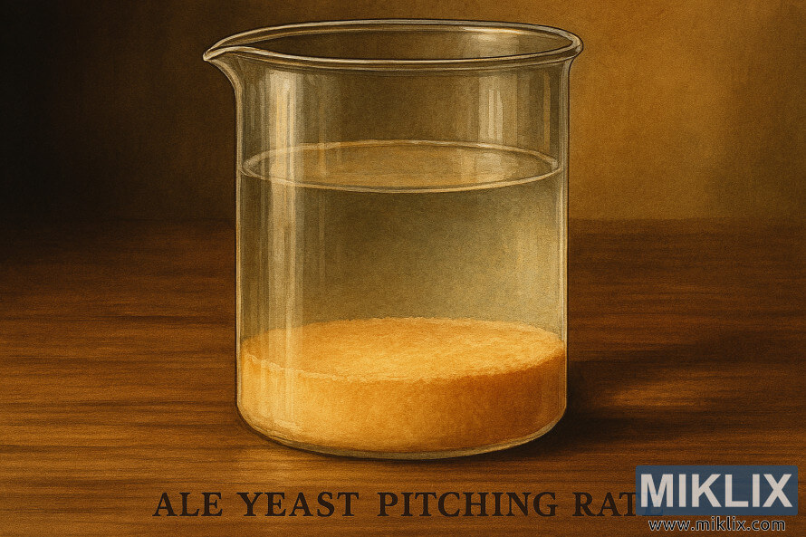 Glass container with beige-orange ale yeast sediment on wooden surface Glass container with beige-orange ale yeast sediment on wooden surface