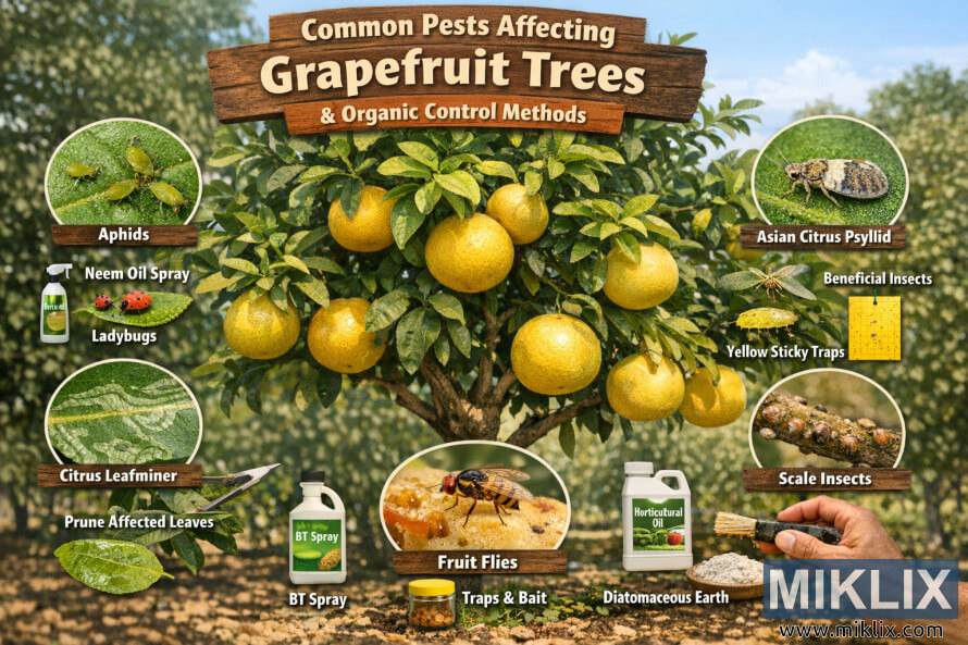 Infografika wat algemene pomeloboomplae soos plantluise, sitrusblaarmyner, vrugtevlieë, skaalinsekte en Asiatiese sitrusbladvlooi met organiese beheermetodes in 'n sitrusboord toon. Infografika wat algemene pomeloboomplae soos plantluise, sitrusblaarmyner, vrugtevlieë, skaalinsekte en Asiatiese sitrusbladvlooi met organiese beheermetodes in 'n sitrusboord toon.