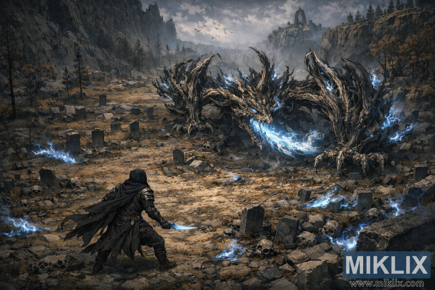 Vedere izometricÄ Ã®ntunecatÄ a armurii Tarnished în Black Knife care se confruntÄ cu Dragonul Ghostflake printr-o vale plinÄ de morminte. Vedere izometricÄ Ã®ntunecatÄ a armurii Tarnished în Black Knife care se confruntÄ cu Dragonul Ghostflake printr-o vale plinÄ de morminte.