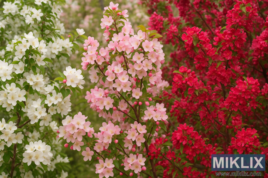 Trois pommiers sauvages aux fleurs blanches, roses et rouges en floraison printaniÃ¨res, entourÃ©s dâun feuillage vert et dâune lumiÃ¨re naturelle douce.