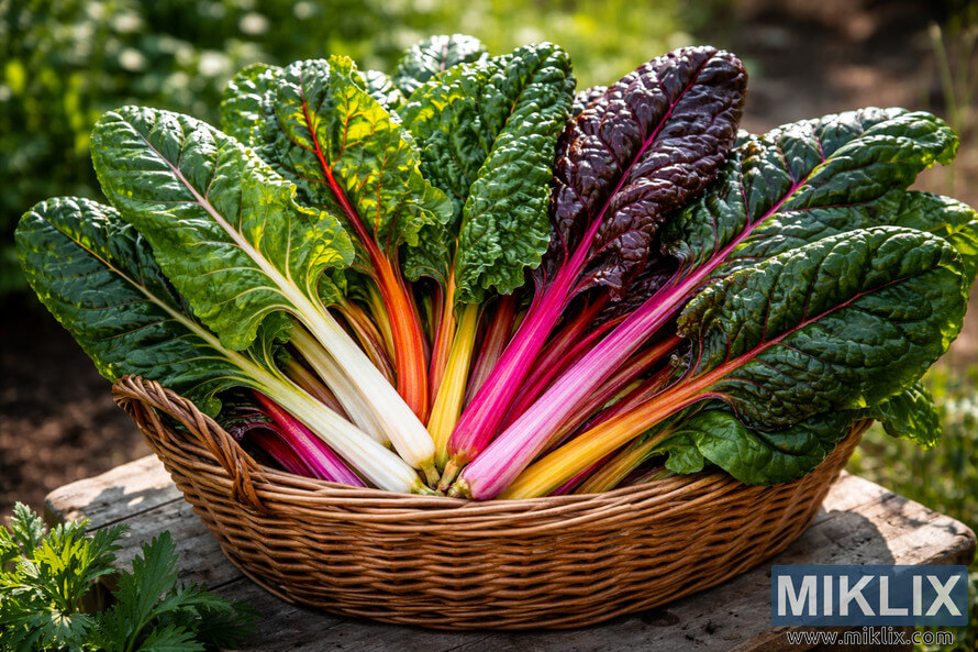 Wicker basket filled with freshly harvested rainbow Swiss chard with colorful stems and dark green leaves on a rustic wooden table outdoors.
